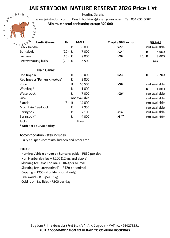 Original 2026 hunting price list; prices and conditions are transcribed above.
